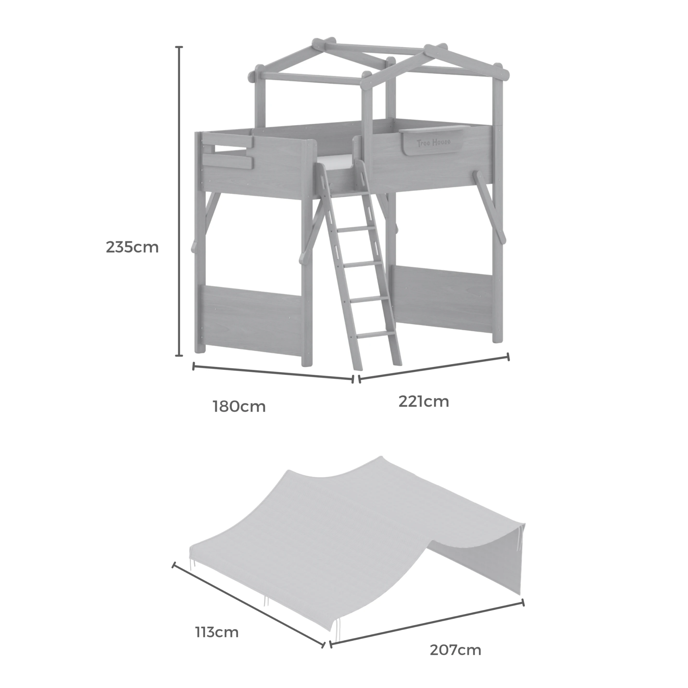 Boori Treehouse Kids NZ King Single Loft Bed + Roof Frame and Ladder with Tent Canopy, Beech