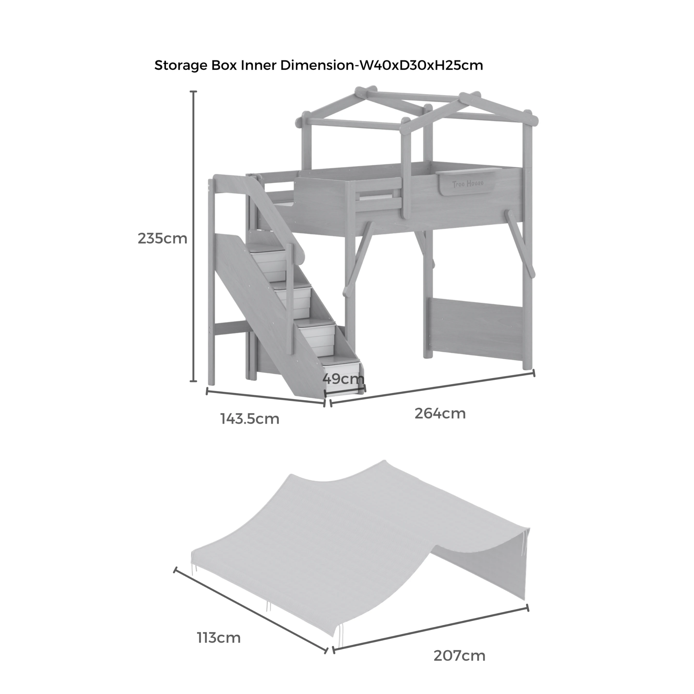 Boori Treehouse Kids NZ King Single Loft Bed + Roof Frame and Storage Staircase with Tent Canopy, Cherry