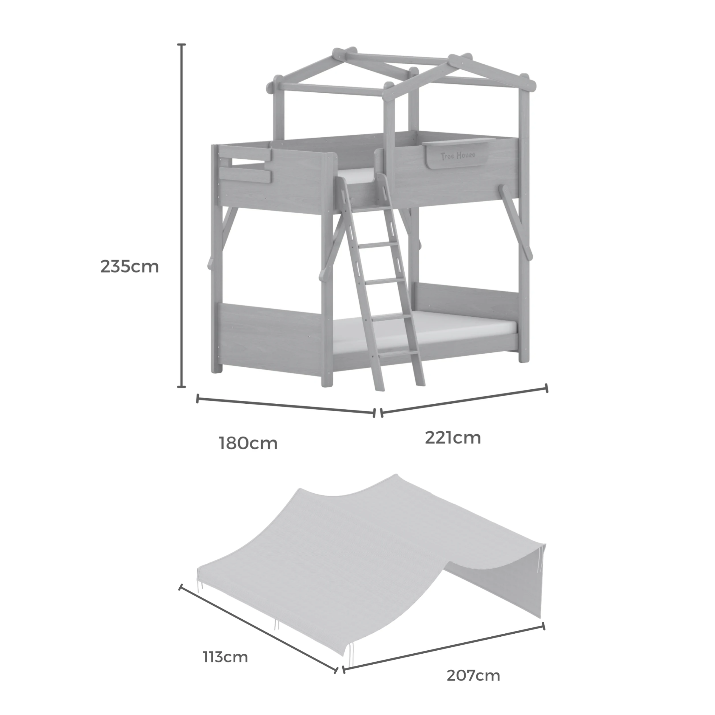 Boori Treehouse Kids NZ King Single Bunk Bed + Roof Frame and Ladder with Tent Canopy, Cherry