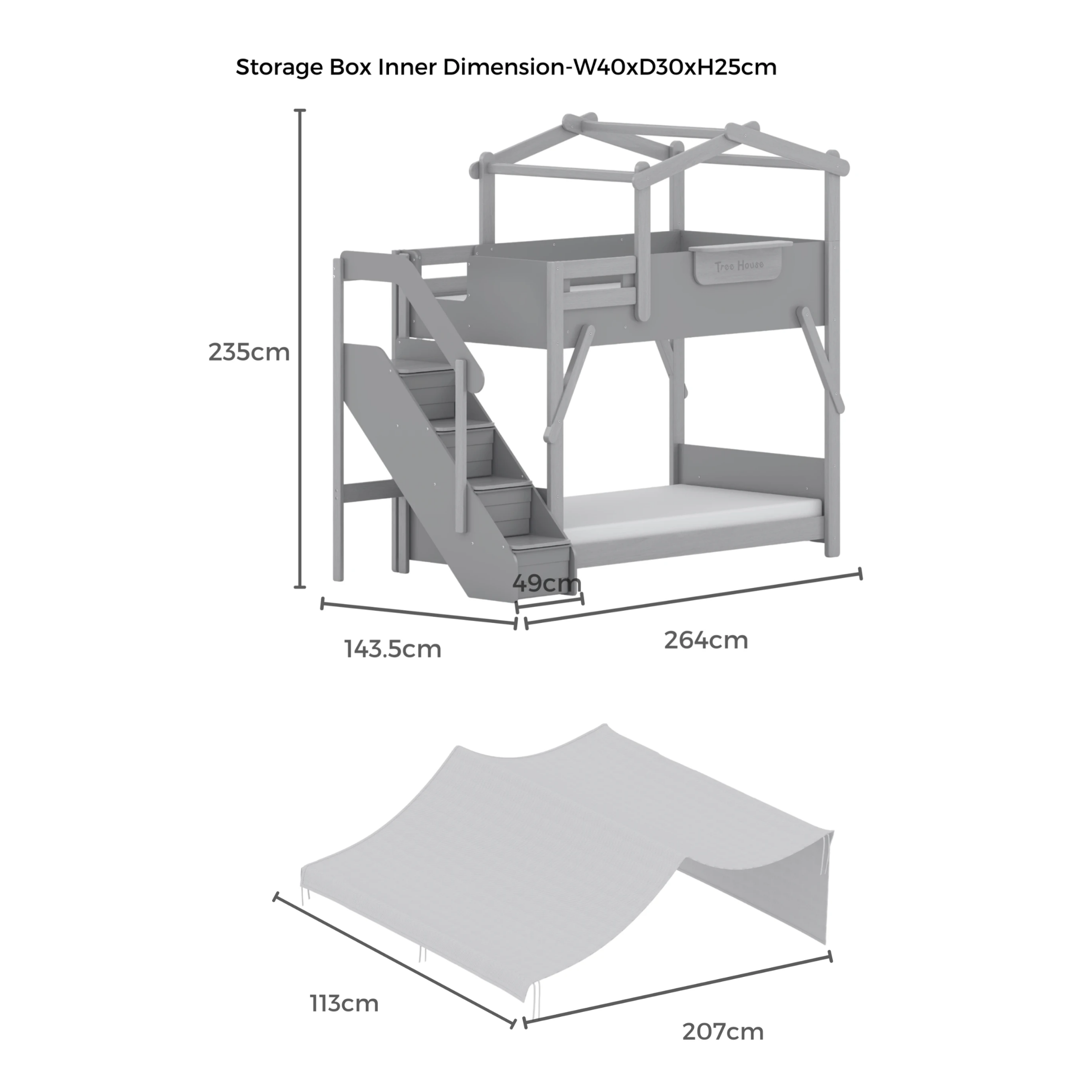 Boori Treehouse Kids NZ King Single Bunk Bed + Roof Frame and Storage Staircase with Tent Canopy, Beech
