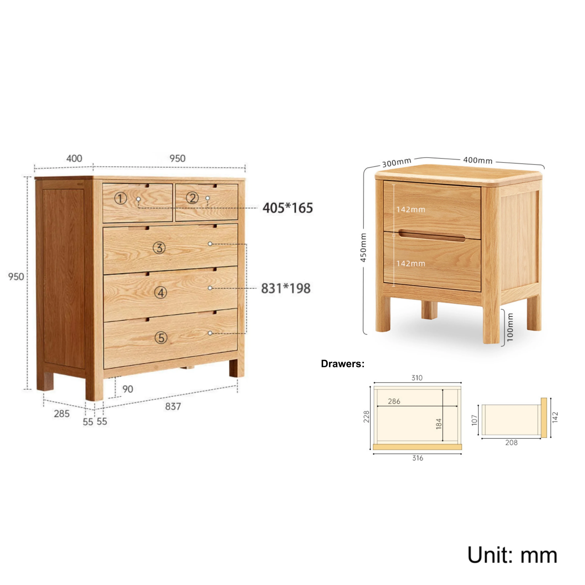 Solidwood Norway 3PCS Bedroom Set, 5-Drawer Lowboy