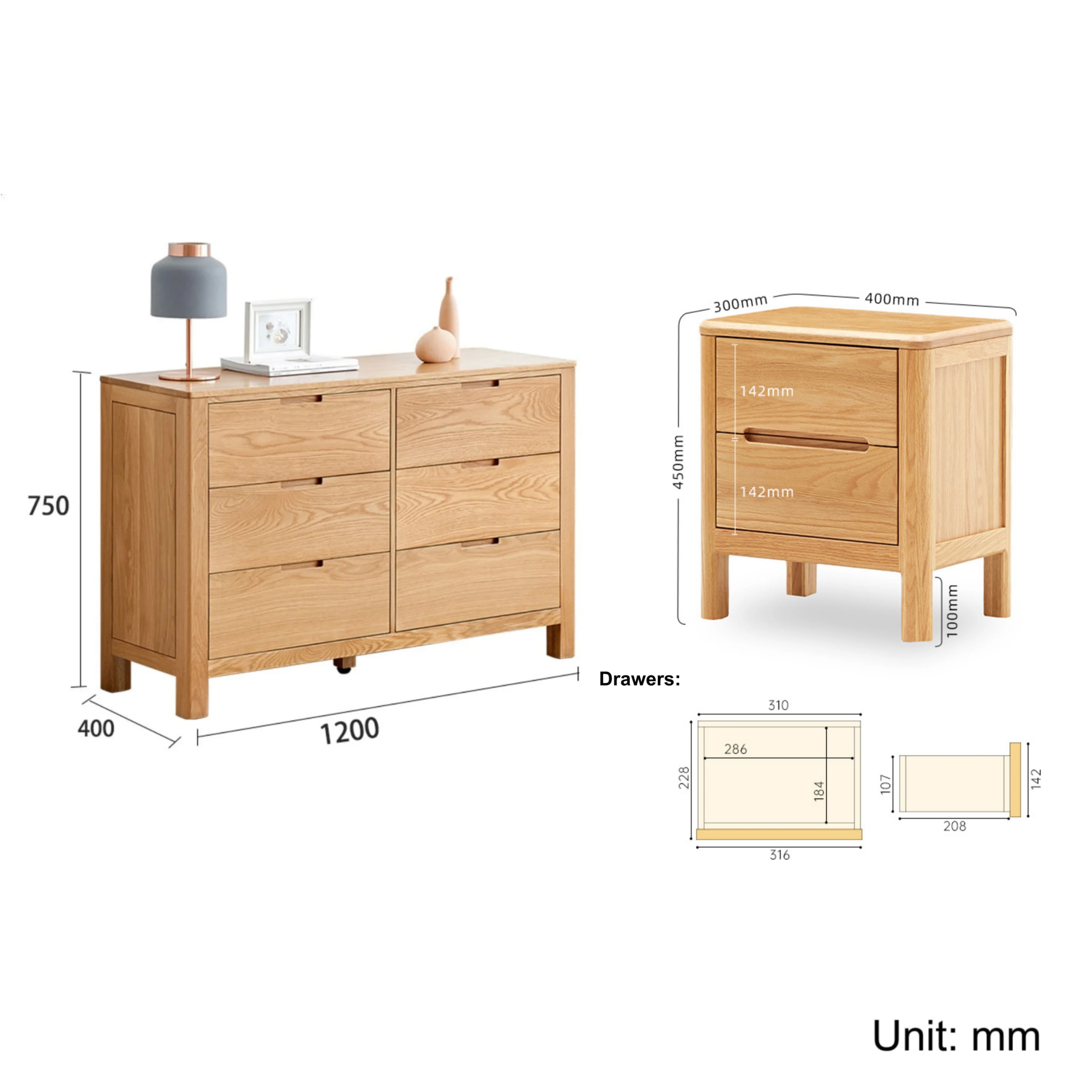 Solidwood Norway 3PCS Bedroom Set, 6-Drawer Lowboy