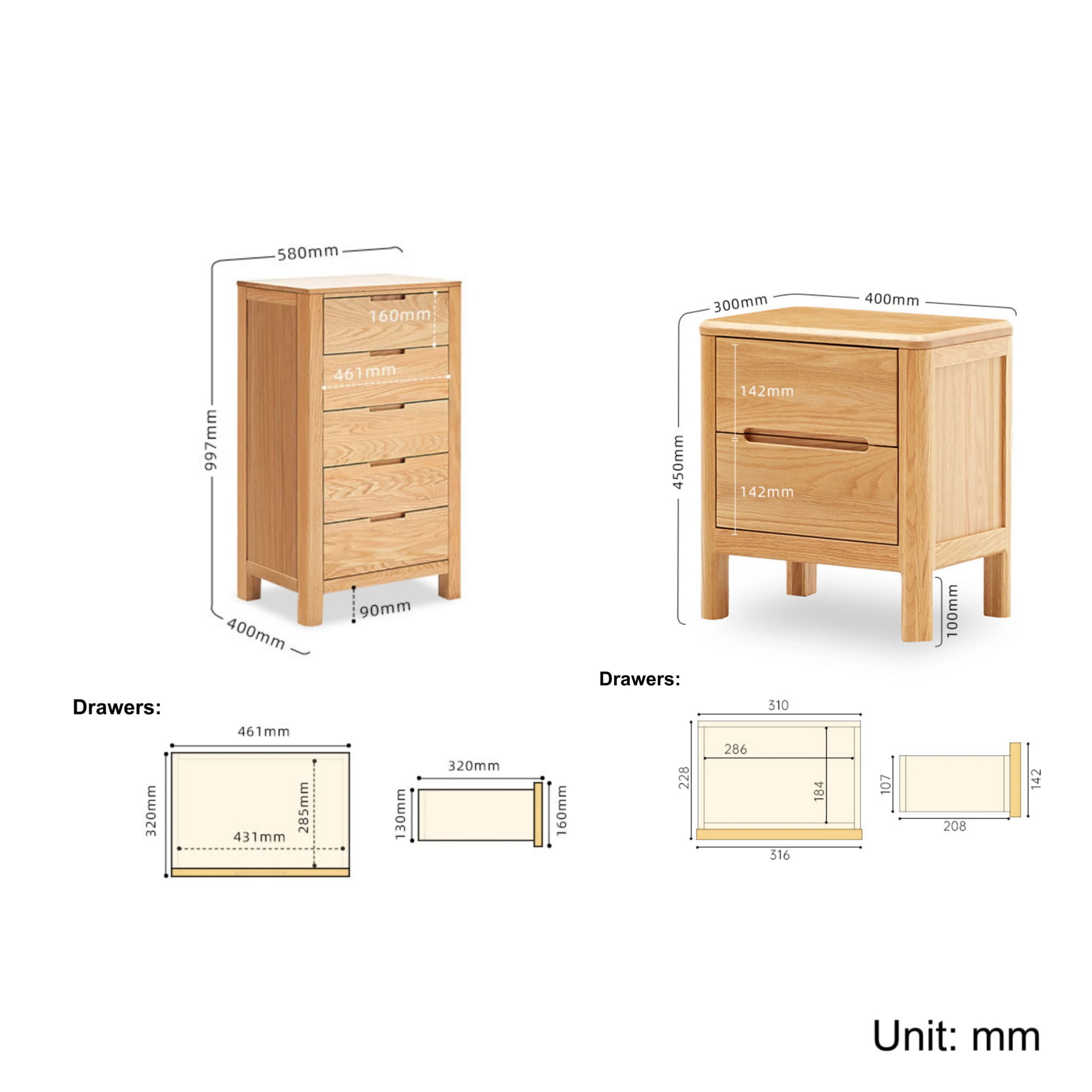 Solidwood Norway 3PCS Bedroom Set, 5-Drawer Tall Boy
