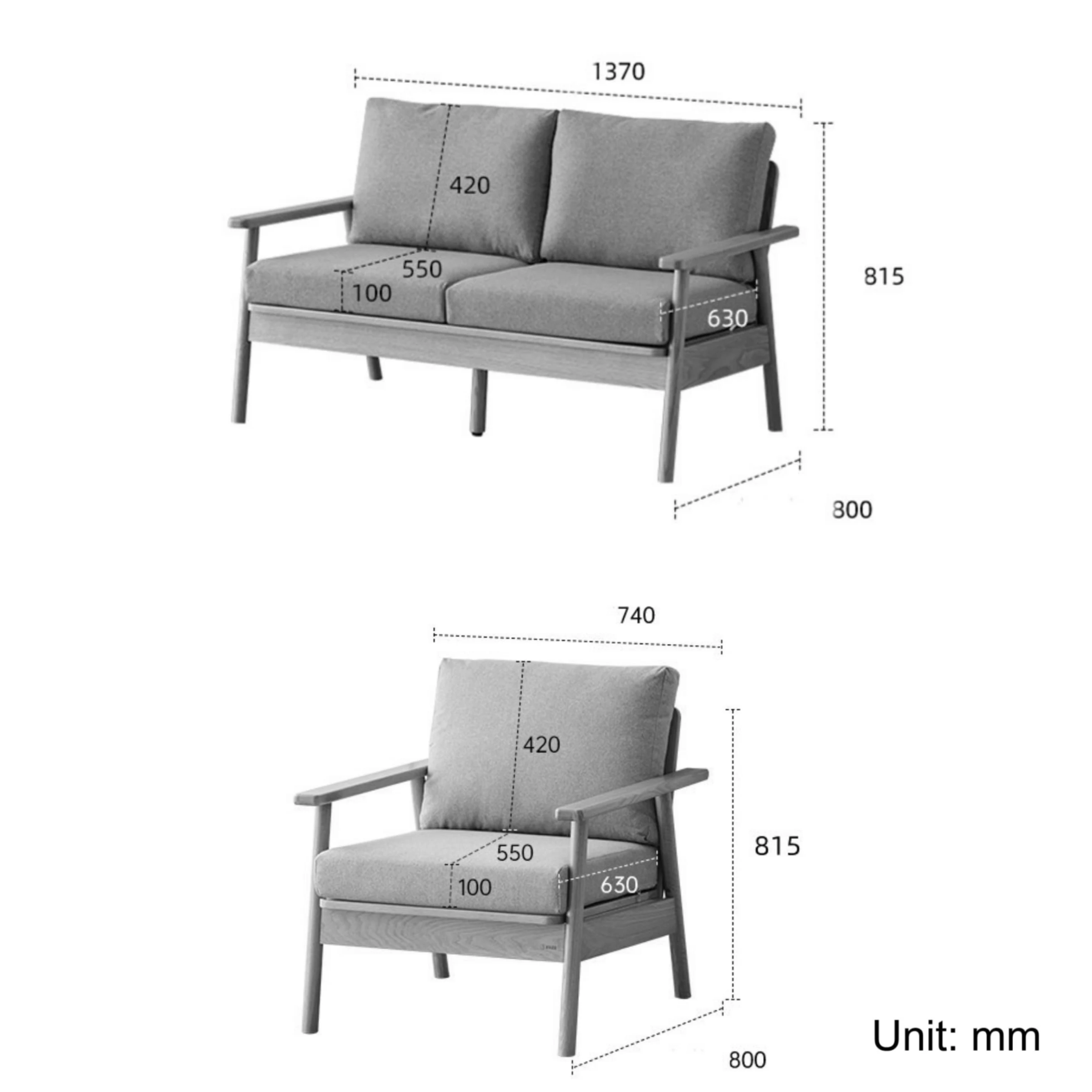 Solidwood Seattle 2PCS Sofa Set, 2+1 Seater, Natural Wood