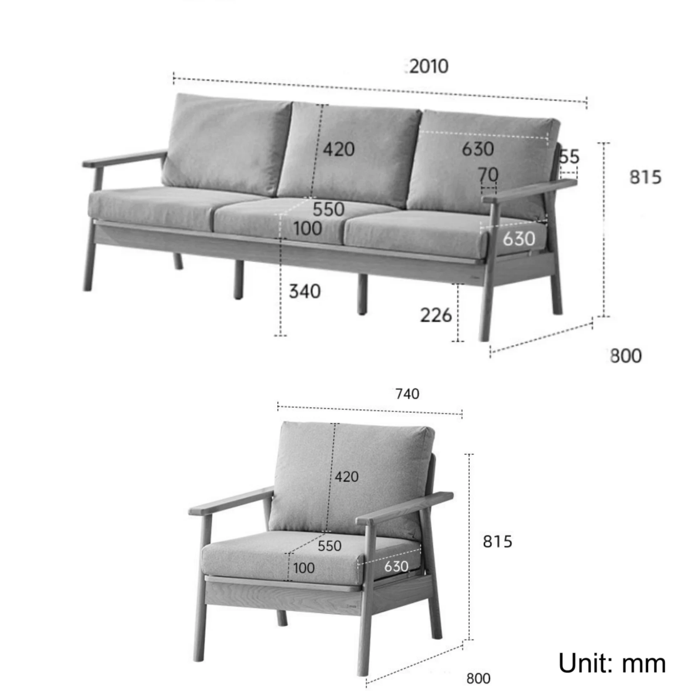 Solidwood Seattle 2PCS Sofa Set, 3+1 Seater, Dark Wood