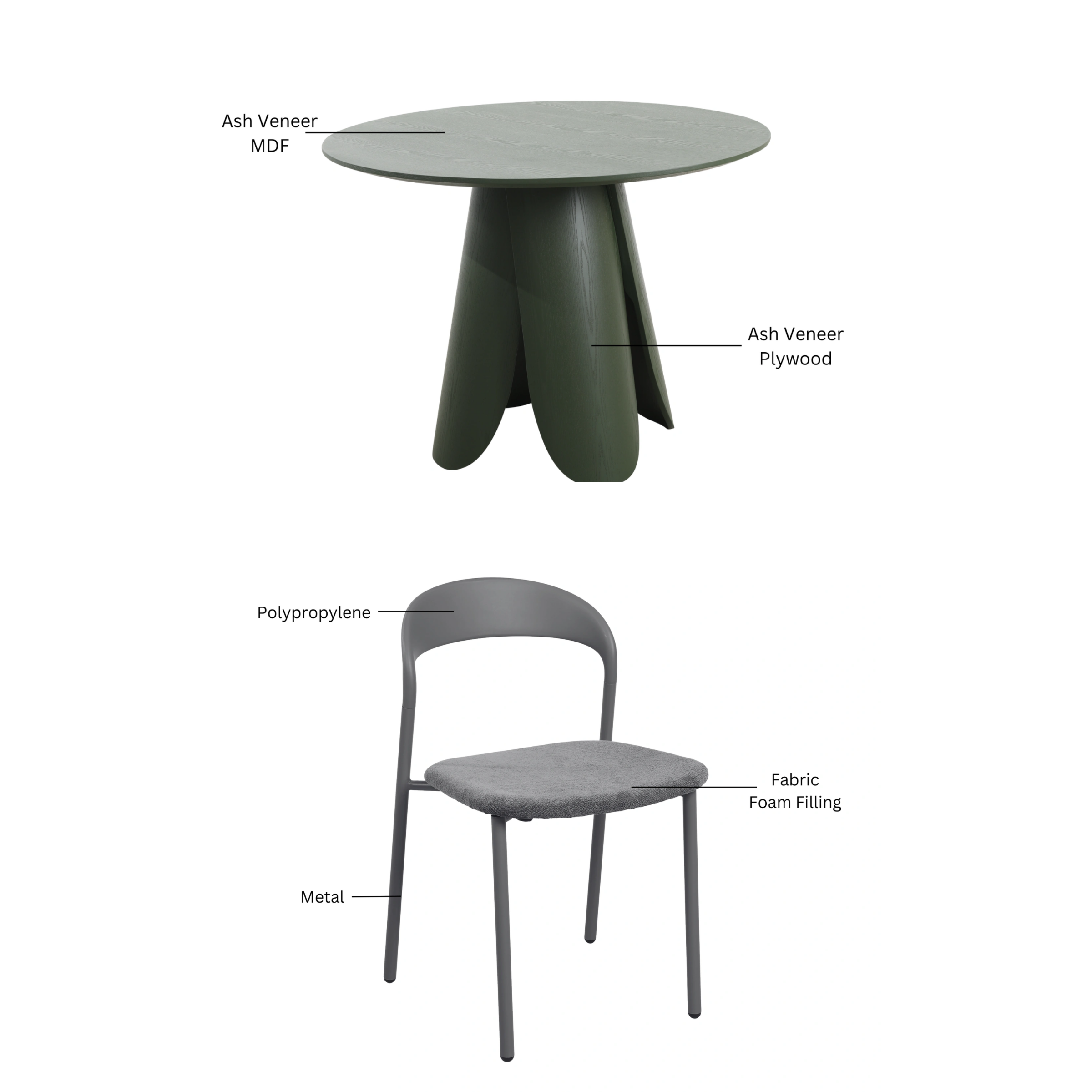 MODE Elara Round Dining Table Set with 2 Chairs, Green