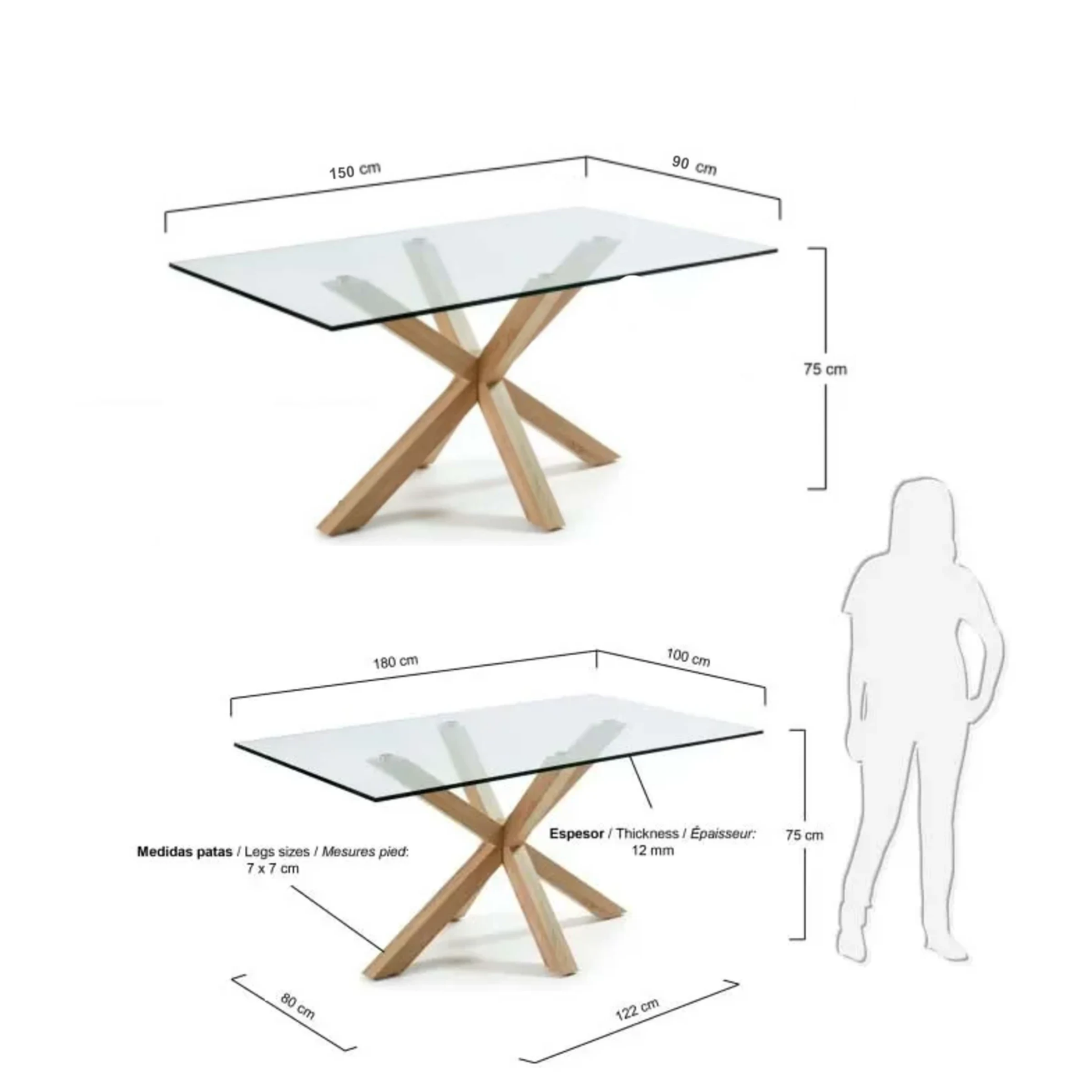 Kave Home Argo Dining Table with Glass Top, Transparent & Natural Wood, 1.5m