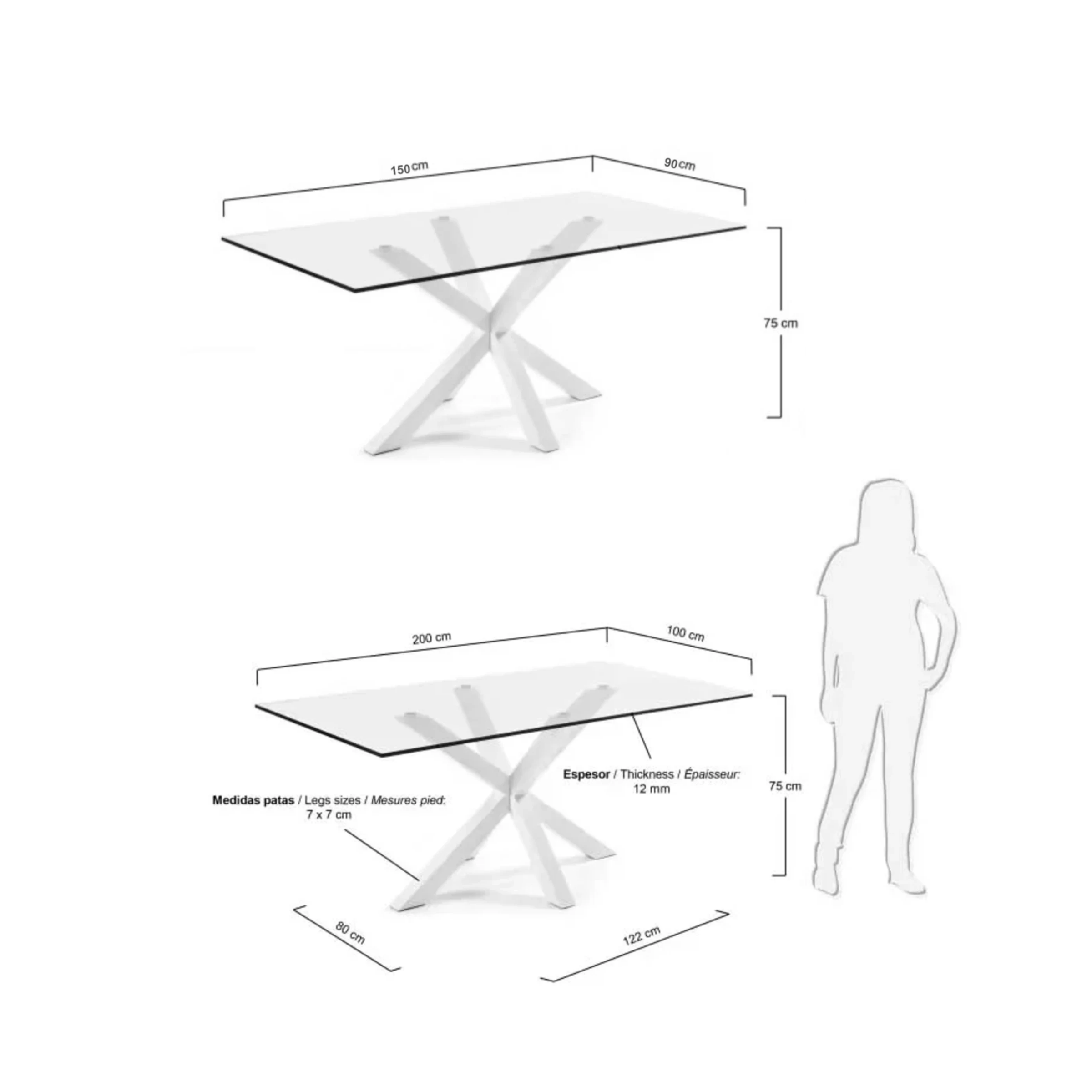 Kave Home Argo Dining Table with Glass Top, Transparent & White, 1.5m