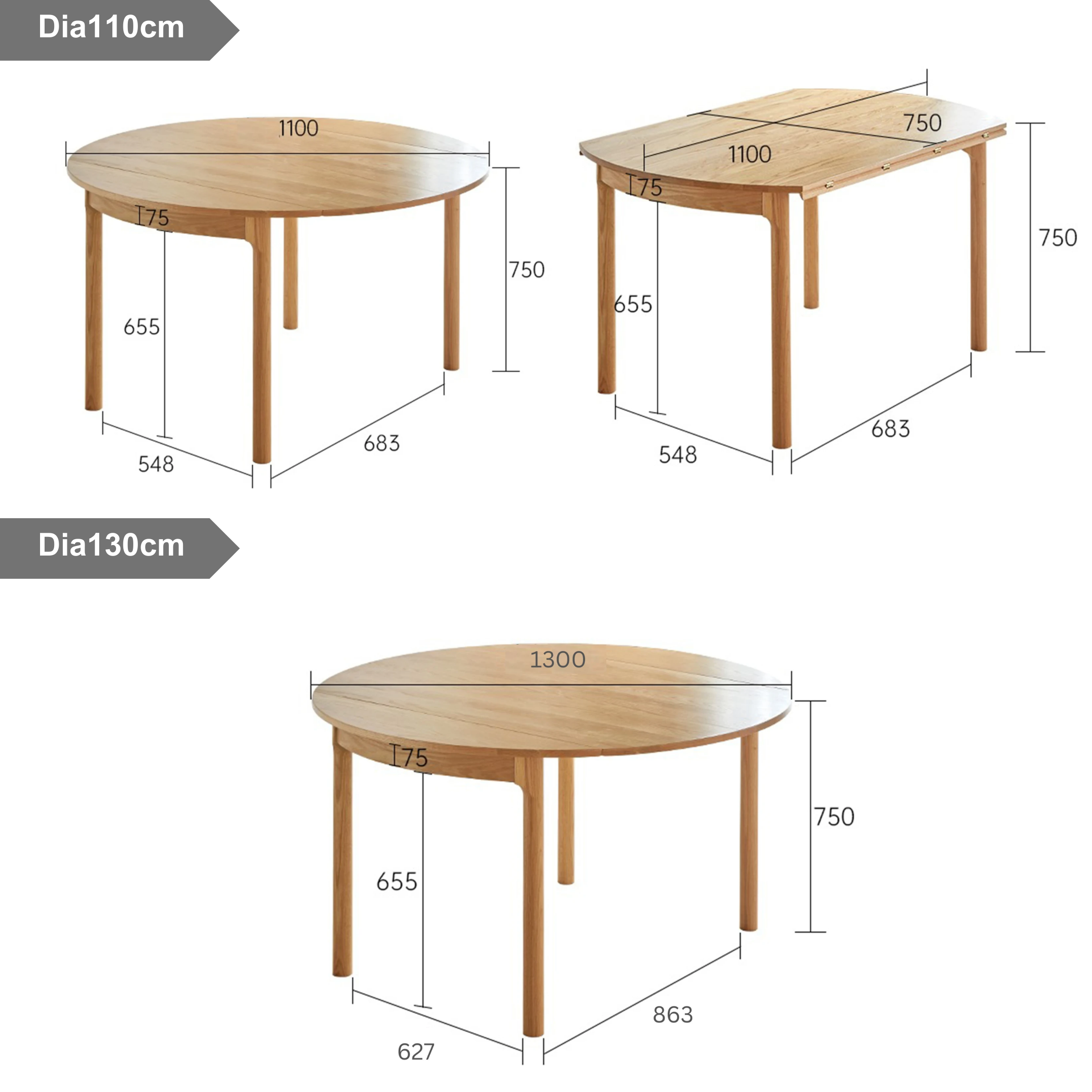 Solidwood Norway Folding Dining Table, Round, 110x75cm, Natural Wood