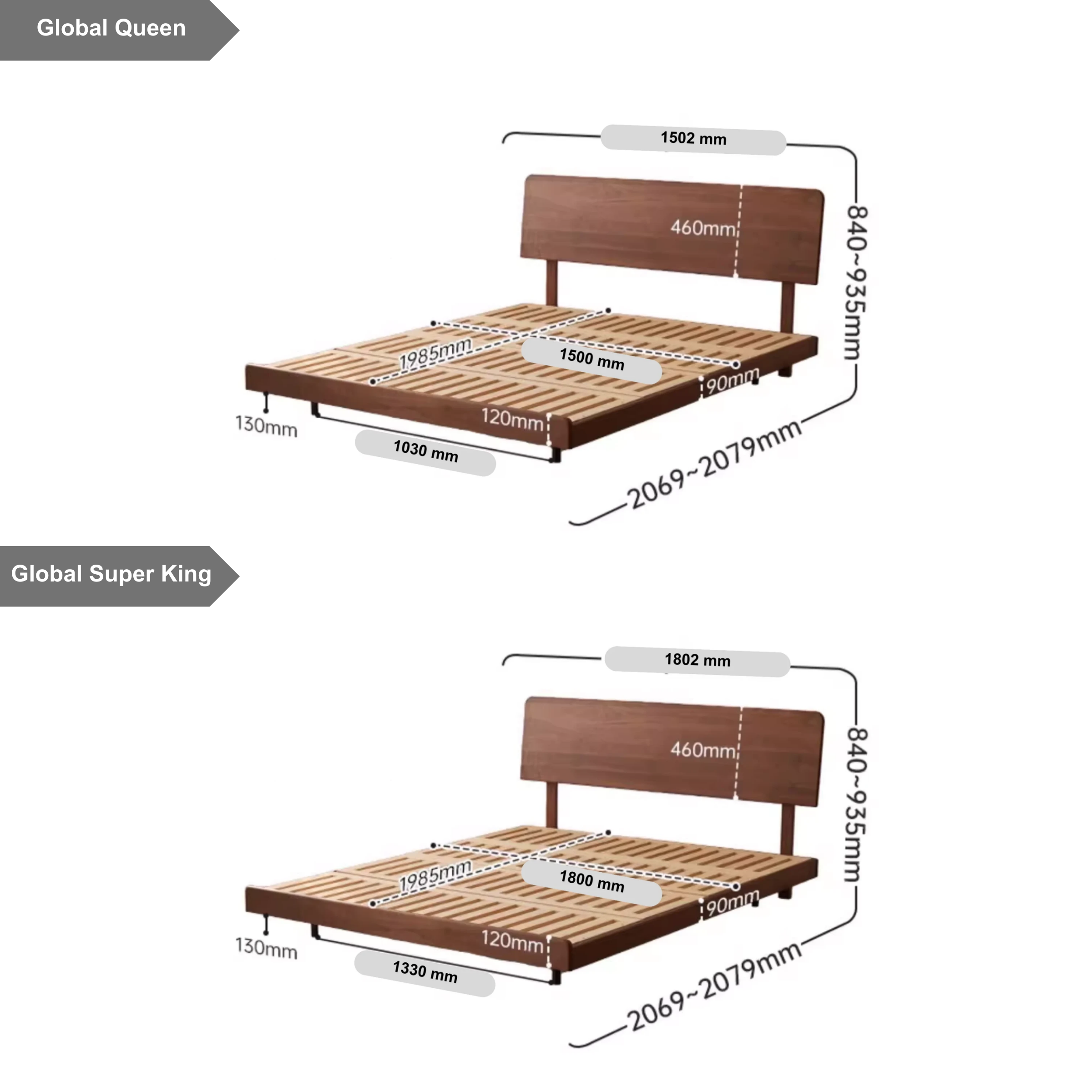 Solidwood Nordin Walnut Global Queen Bed Frame with Adjustable Headboard