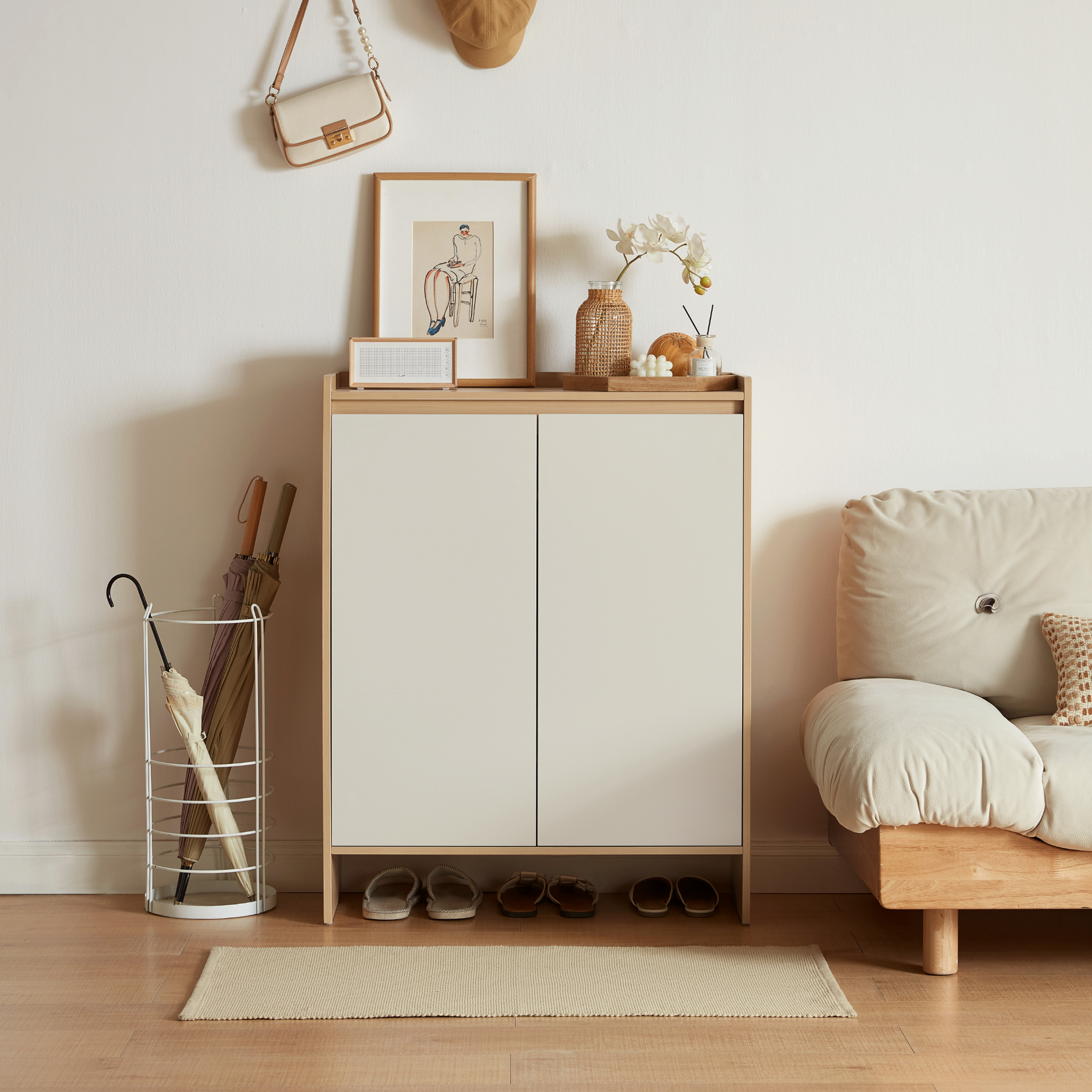 Linspire Miro Shoe Cabinet, Natural Wood & Light Grey