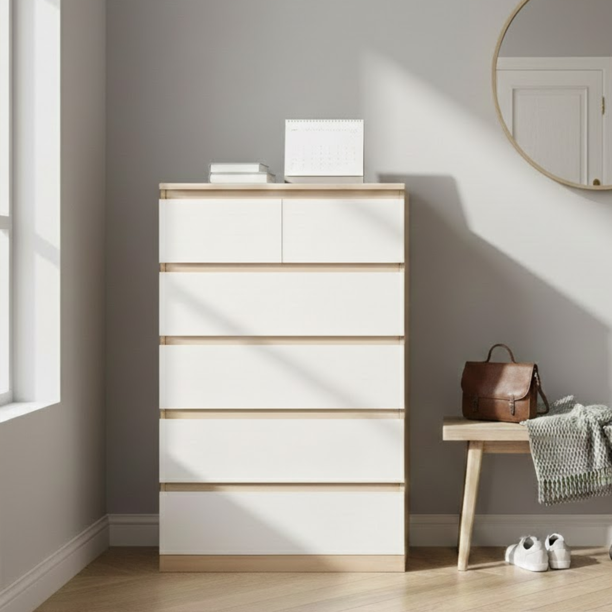 Loft Ensio Chest of 6 Drawers, Tallboy, White & Natural Wood