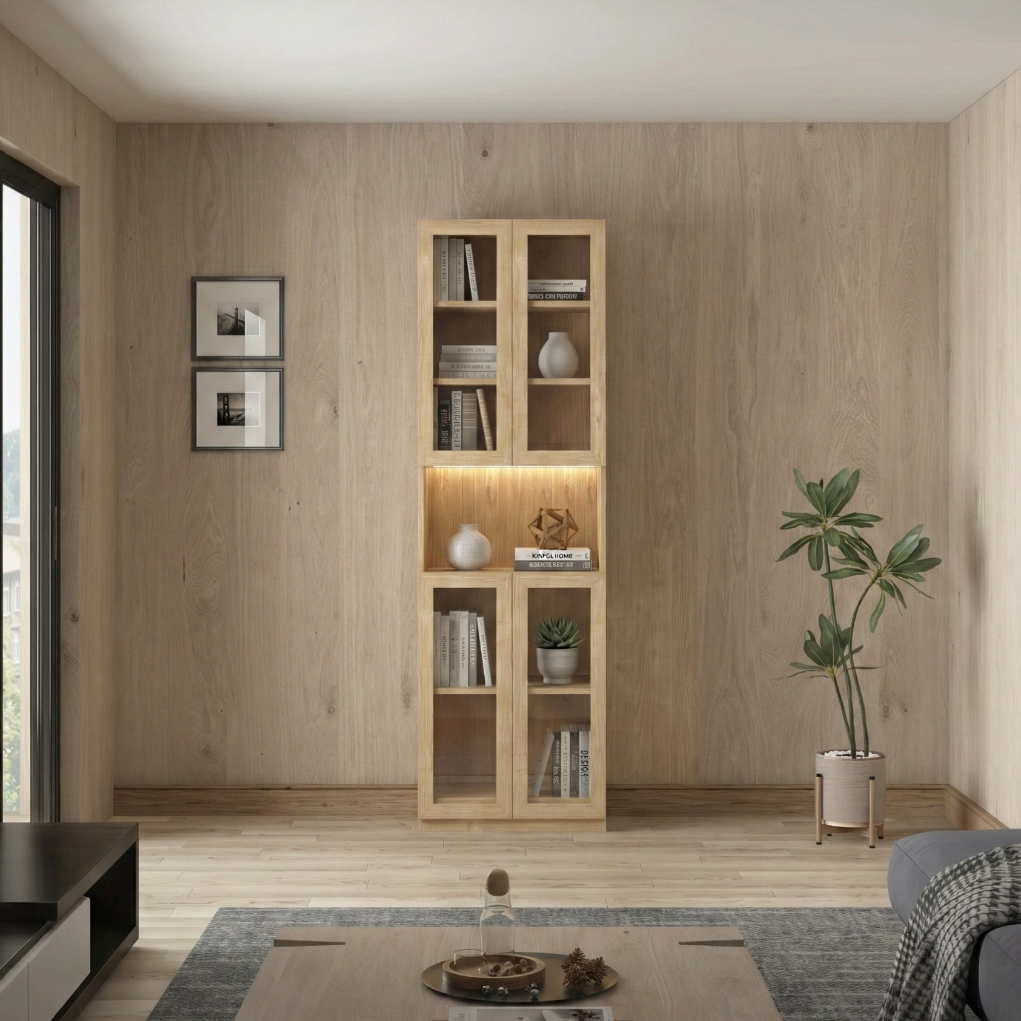 Loft Kiri Bookcase with 4 Glass Doors, W60cm, Natural Wood