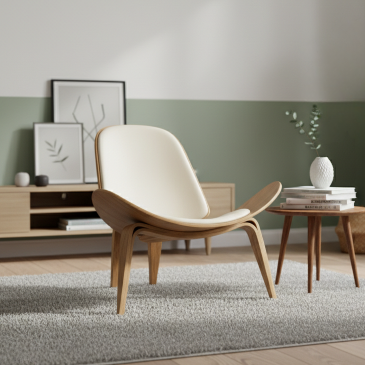MODE Hans Wegner Shell Chair CH07 Replica, Ivory & Natural Wood