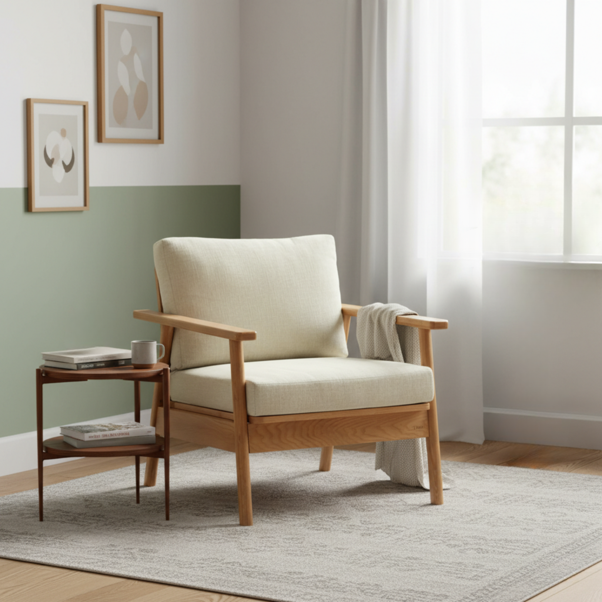 Solidwood Seattle 1-Seater Sofa, Beige & Natural Wood