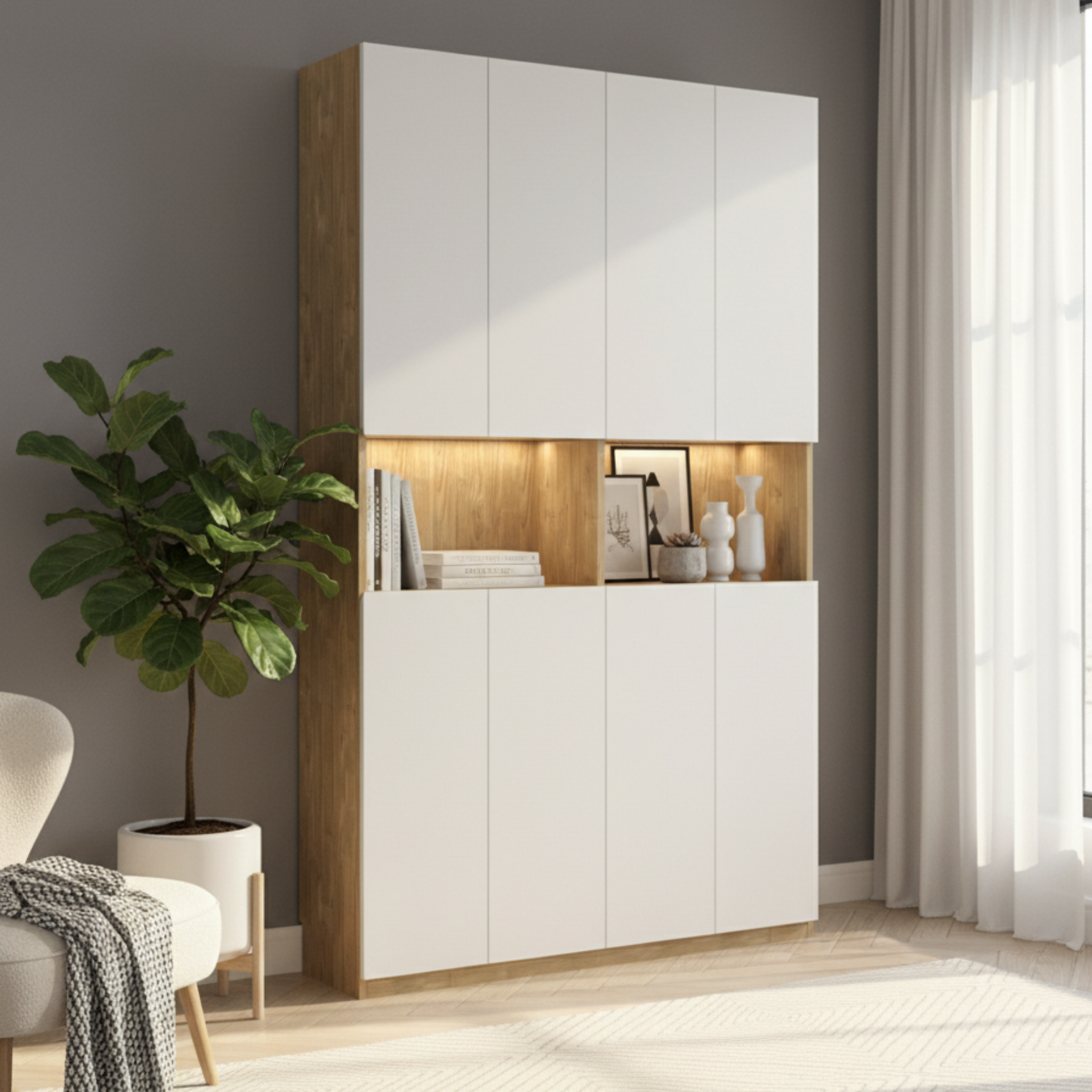 Loft Kiri Bookcase with 8 Doors, W120cm, White & Natural Wood