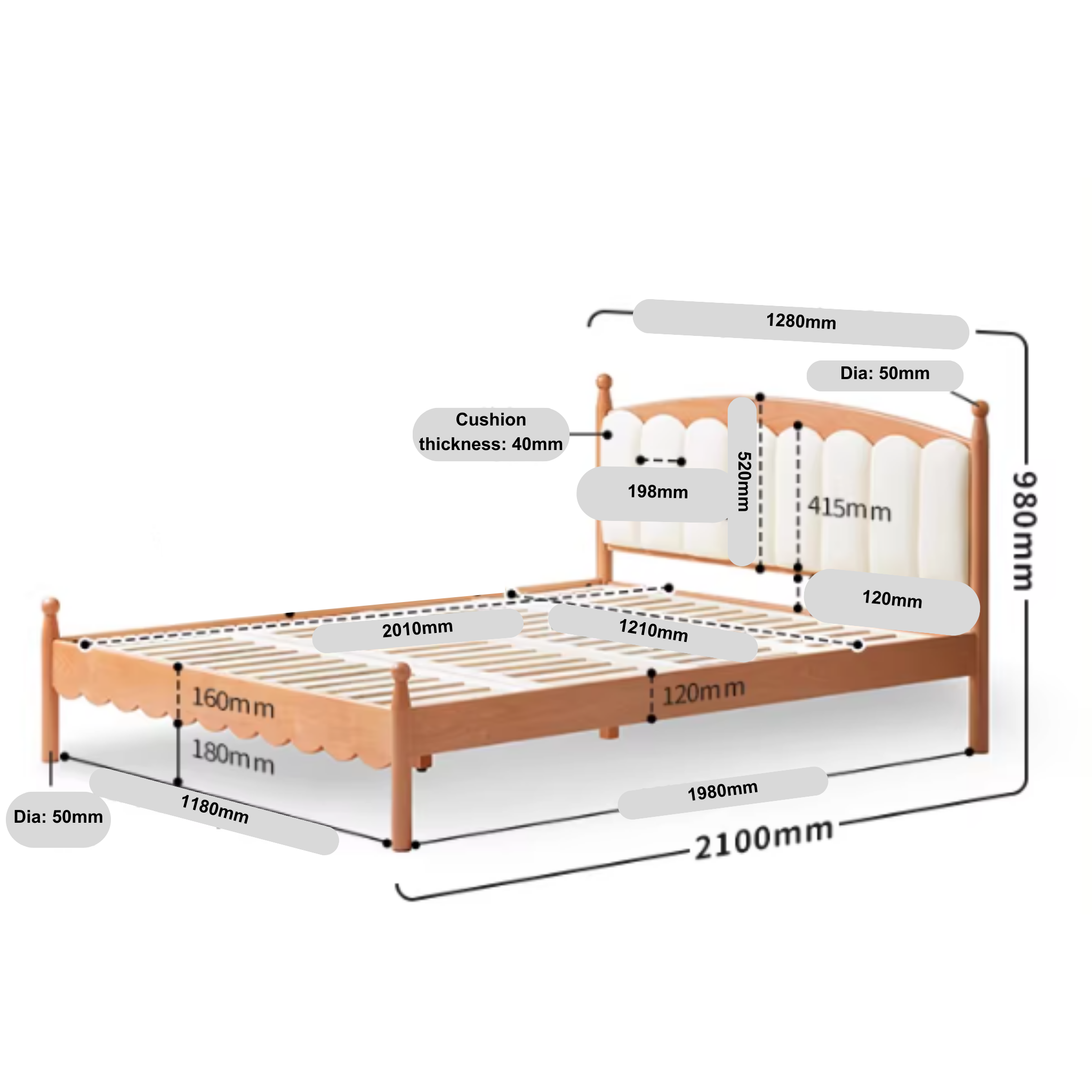 Solidwood Ayla Kids Global Double Bed Frame, Beech