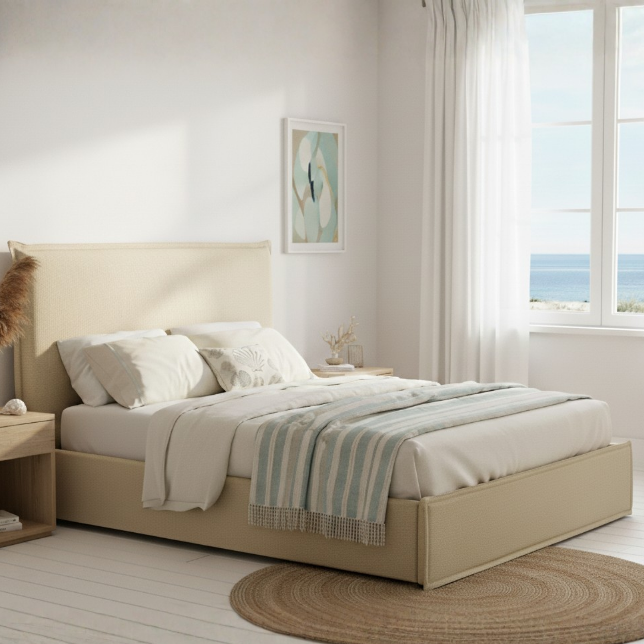 MODE Lina Fabric Gas Lift NZ Queen Bed Frame with Storage, Beige