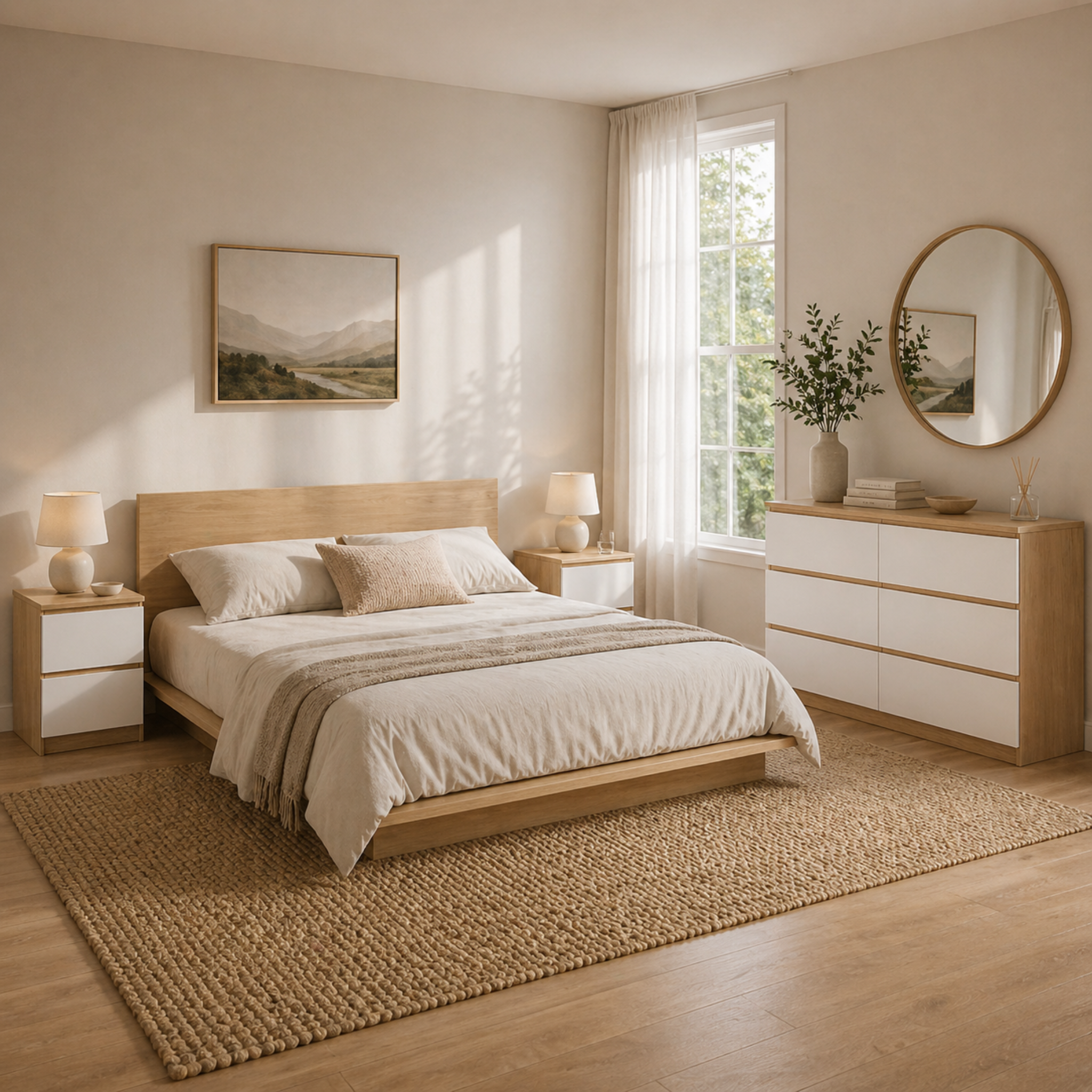 Loft Ensio 3PCS Bedroom Set, 6-Drawer Lowboy, White & Natural Wood
