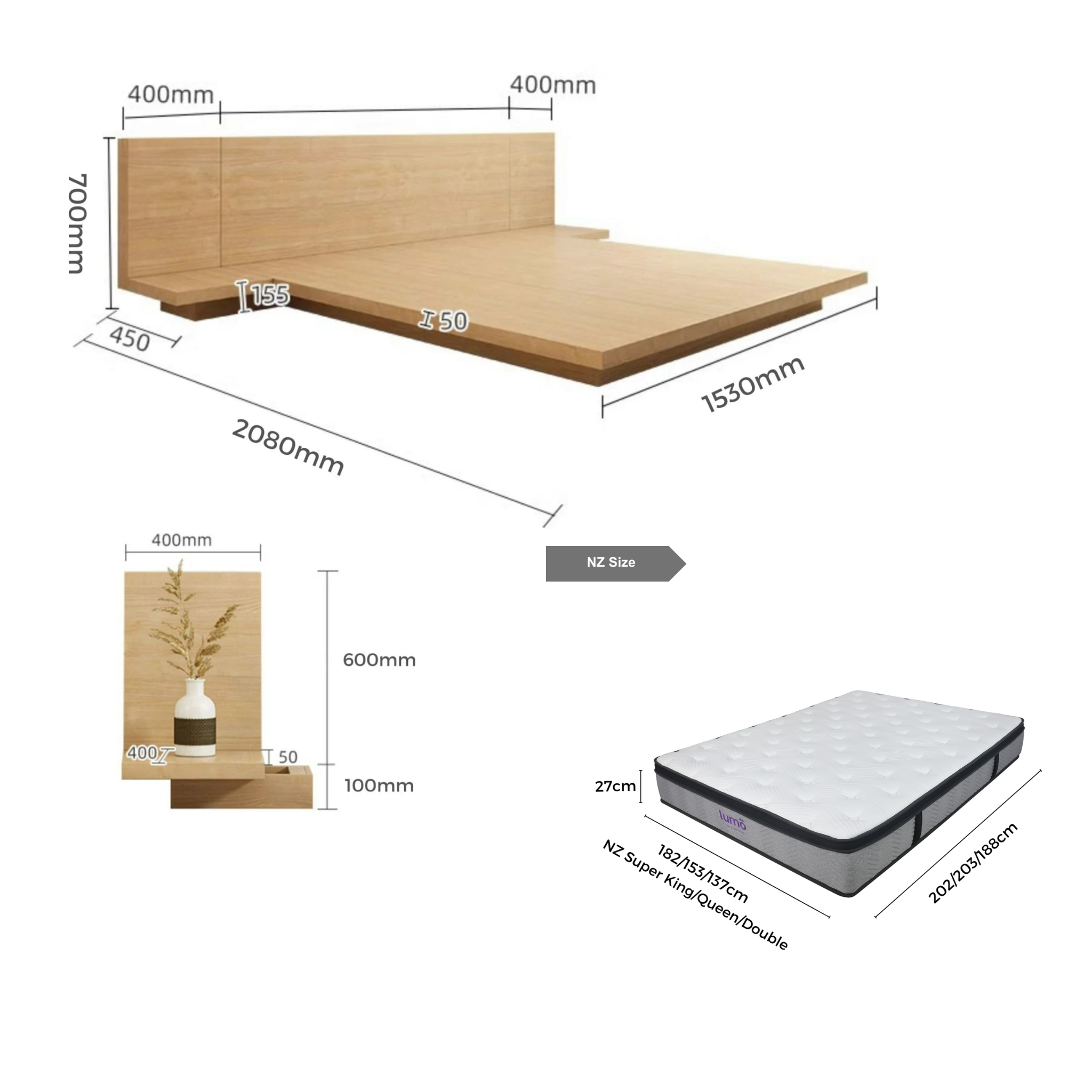 Loft Japandi Platform Bed Frame and Mattress Set with 2 Bedside Tables, NZ Queen