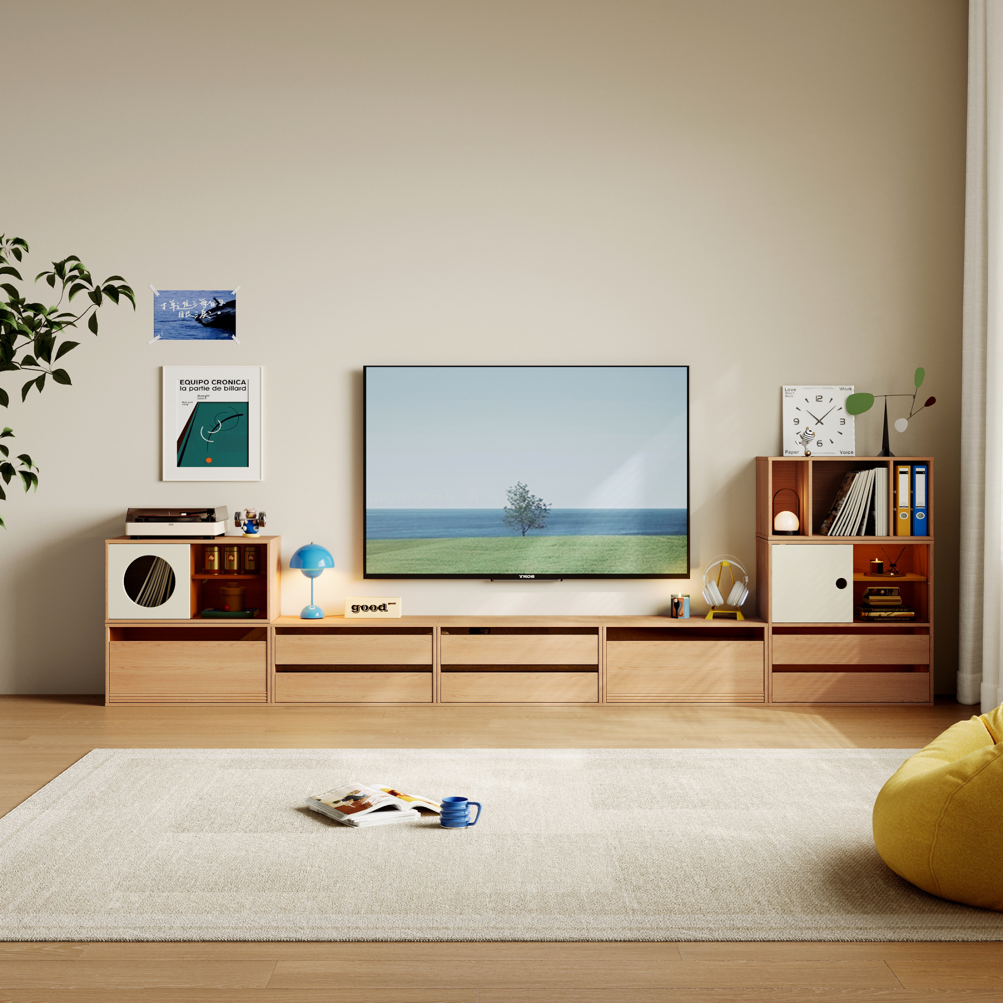 Linspire Forma Set of 7 Modular Entertainment Unit, Natural Wood