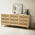 BohoBoho Ora Solid Wood & Rattan Chest of 9 drawers, Natural, 180x40x90cm