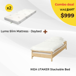 IKEA UTAKER Stackable Bed and 2 Memory Foam Mattresses Combo, 80x200cm