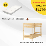 IKEA MYDAL Bunk Bed Frame and 2 Memory Foam Mattresses Combo, Long Single