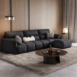 Linspire Plume 4-Seater Leather Sofa with Ottoman, Black