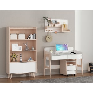 Alpaka Kaia Kids Adjustable Writing Desk with storage unit and bookcase, White & Oak, 125x65x96.5cm