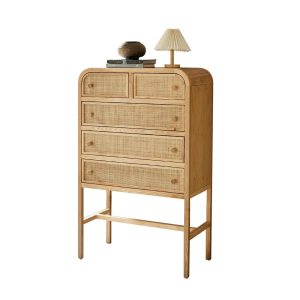 BohoBoho Costa Solid Wood and Rattan Chest of 5 Drawers, Natural, 80x42x129cm