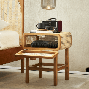 BohoBoho La Mar Solid Wood & Rattan Bedside Table, Natural, 47x43x60cm