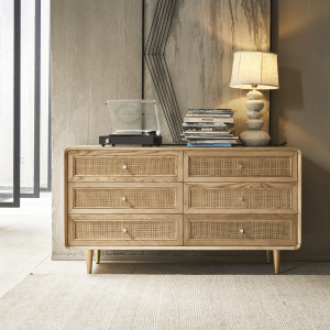BohoBoho Laxo Solid Wood & Rattan Chest of 6 drawers, Natural, 136x50x80cm