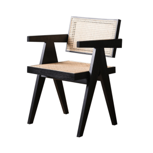 BohoBoho Rota Solid Wood & Rattan Dining Chair with Armrest, Black, 54x58x79cm