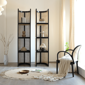 BohoBoho Tranquilo Rattan Curved Shelving Unit, Black, 45x56x200cm