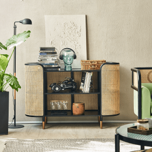 BohoBoho Luna Solid Wood & Rattan Sideboard, Black, 136x43x91cm