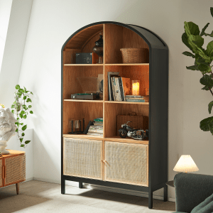 BohoBoho Costa Solid Wood & Rattan Arched Shelving Unit, Black, 126x42x210cm