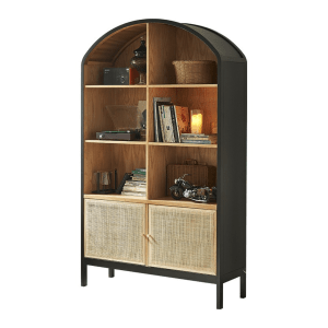 BohoBoho Costa Solid Wood and Rattan Arched Shelving Unit, Black, 126x42x210cm