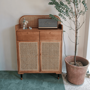 BohoBoho Luna Solid Wood & Rattan Shoe Cabinet, Walnut, 82x32x120cm