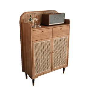 BohoBoho Luna Solid Wood and Rattan Shoe Cabinet, Walnut, 82x32x120cm
