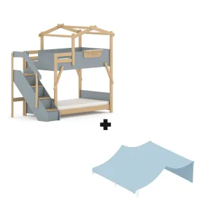 Boori Treehouse Kids King Single Bunk Bed + Roof Frame and Storage Staircase with Tent Canopy, Blueberry and Beech