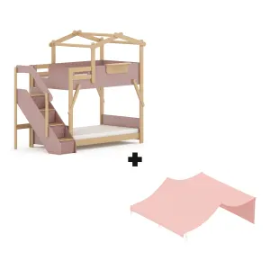 Boori Treehouse Kids King Single Bunk Bed + Roof Frame and Storage Staircase with Tent Canopy, Cherry and Beech