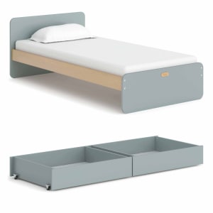 Boori Neat Kids Single Bed with 2 Underbed Storage Drawers, Blueberry and Almond