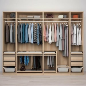 PAX Wardrobe combination, white oak effect, light grey 300x66x236 cm