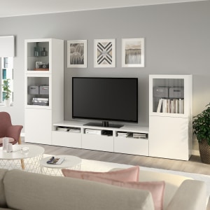 BESTA TV Storage Combination Glass Doors, White, Clear Glass, 300x42x193 cm