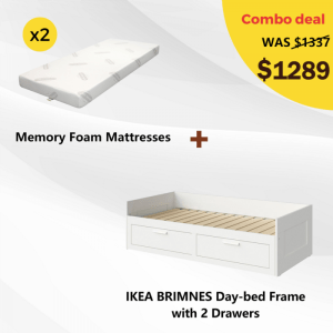 IKEA BRIMNES Day-bed Frame and 2 Memory Foam Mattresses Combo, 80x200cm