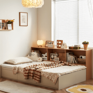 Linspire Lattice Small Double Bed Base with Drawers and Storage Cabinet, Light Grey & Natural