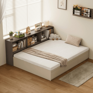 Linspire Lattice Small Queen Bed Base with Drawers and Storage Cabinet, Cool White & Dark Brown