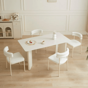 Linspire Tesseract Sintered Stone Top Dining Table with 4 Dining Chairs, Creamy White, 160x80cm