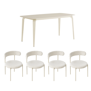 Linspire Warp Glass Top Dining Table with 4 Dining Chairs, Creamy White, 160x85x75cm